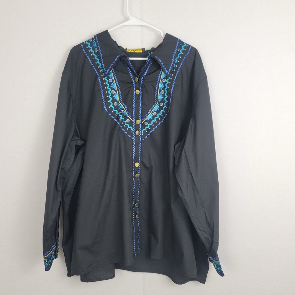 NWT Bobs Mackie Wearable Art Floral Blue Embroidery Long Sleeve Black 3x Blouse